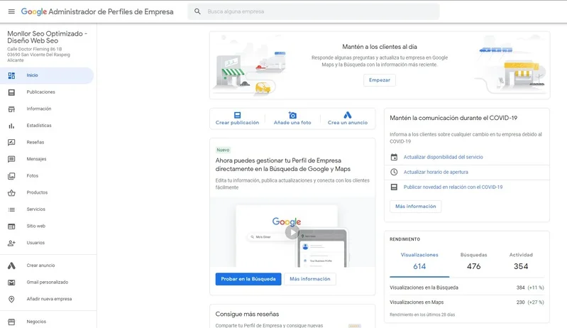 como funciona google my business panel de control